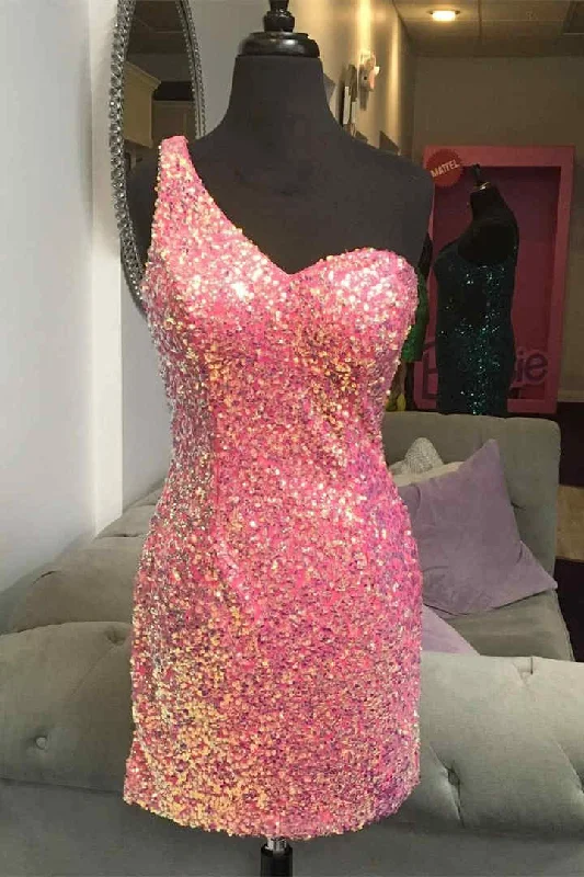 Short One Shoulder Pink Sequins Homecoming Dress Sequin Shift Dress