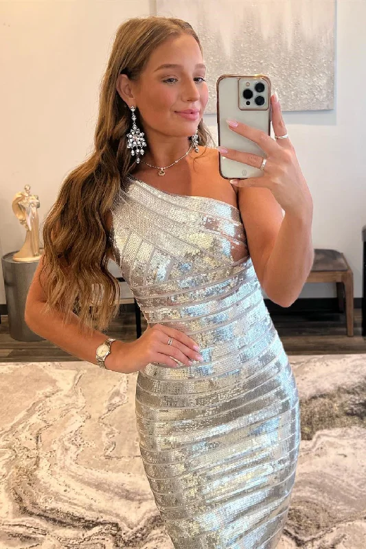 Silver One Shoulder Sequins Sheath Homecoming Dress Floor-length Sequin Dress