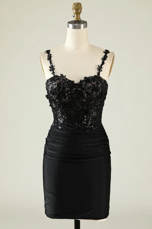 Straps Black Sequines Appliques Short Homecoming Dress Sequin Dress Fit