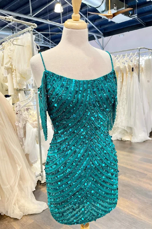 Straps Teal Sequined Short Homecoming Dress with Tassel Elegant Glitter Sequin