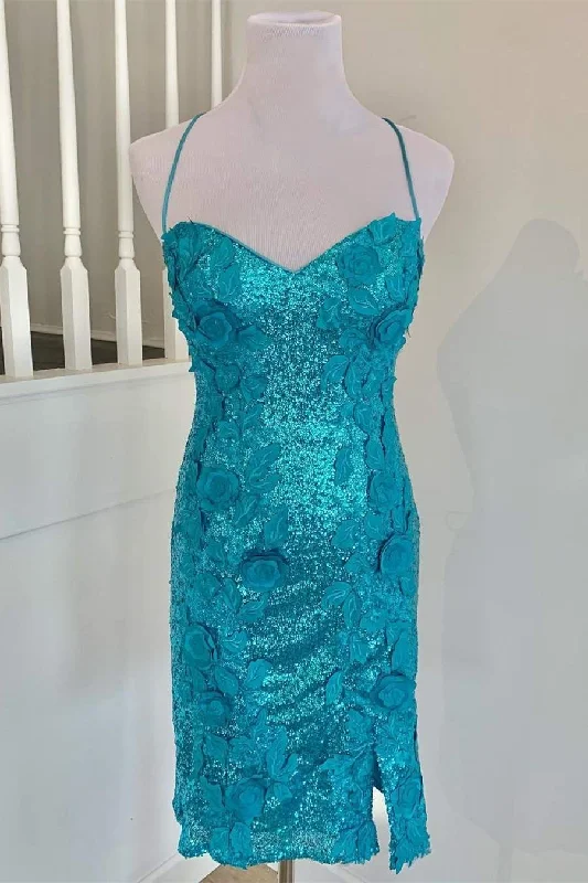 Teal Sequined Short Homecoming Dress with Flowers Sequin Dress Look