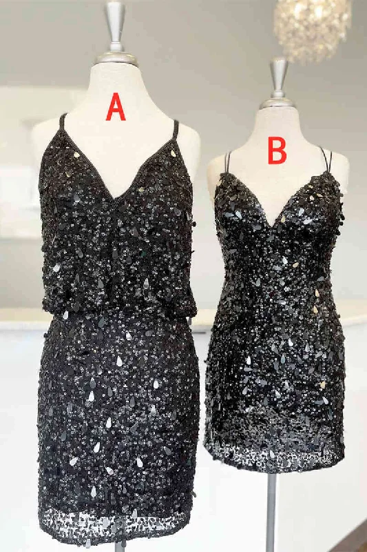 Tie Straps Balck Sequined Short Homecoming Dress Sequin A-line Dress