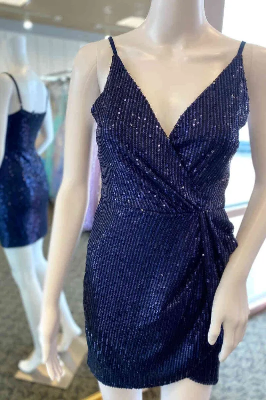 V-Neck Navy Blue Sequined Short Homecoming Dress Sequin Party Dress