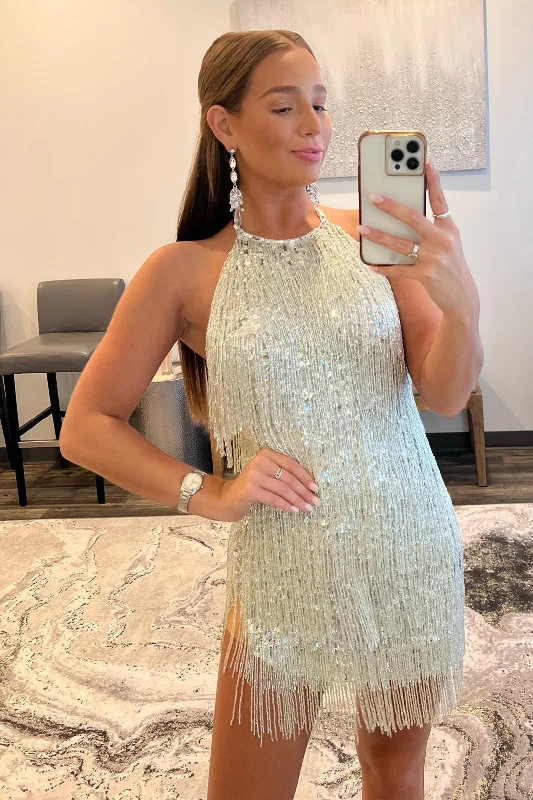 White Sequins Halter Sleeveless Homecoming Dress with Tassels Sequin Dress Trendy
