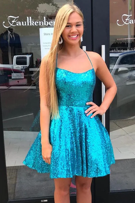 Criss Cross A-Line Short Blue Sequins Homecoming Dress Flared Sequin Dress