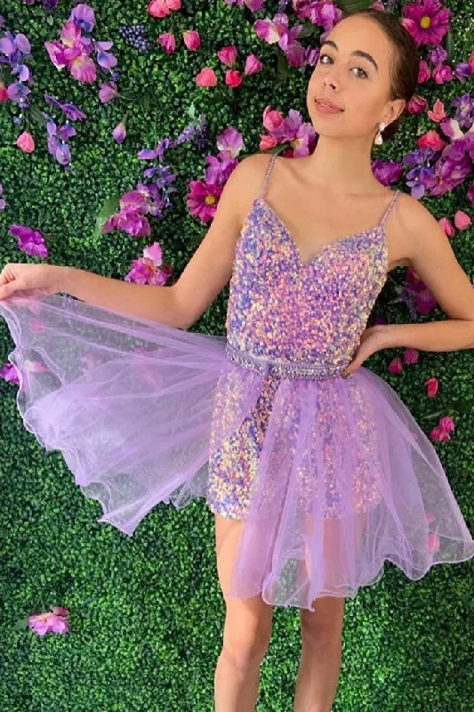 Glitter Short Lavender Sequins Homecoming Dress High Neck Sequin