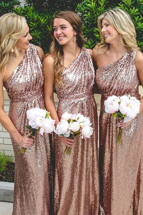 One Shoulder Rose Gold Sequins Long Bridesmaid Dress Sexy Sequin Gown