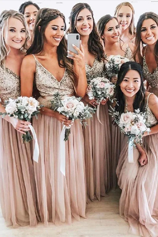 Pink Long Bridesmaid Dress with Silver Sequins Top Silver Sequin Dress