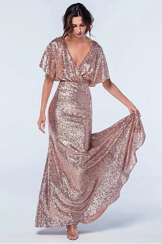 Rose Gold Sequins Long Bridesmaid Dress with Sleeves Sequin Bodycon Dress