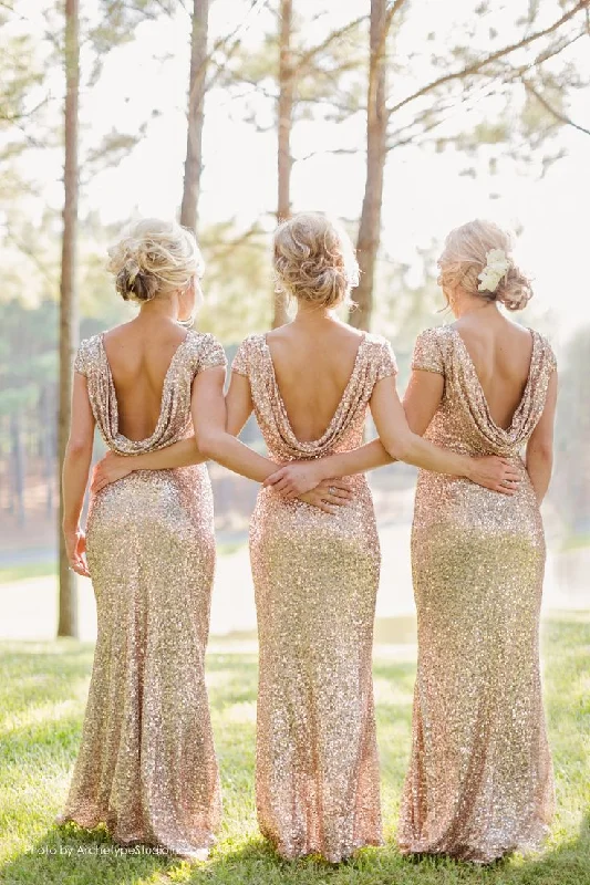 Rose Gold Sequins Long Bridesmaid Dress with Cowl Back Sleek Sequin Dress