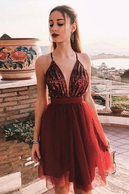 Sequins Top Burgundy Homecoming Dress Ruched Sequin Dress