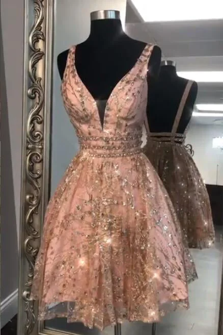 Sparkling Sequined Rose Gold Homecoming Dress Glam Sequin Dress