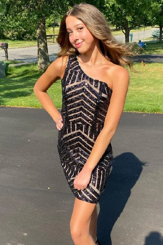 Stunning One Shoulder Black Sequins Homecoming Dress Sexy Sequined Dress