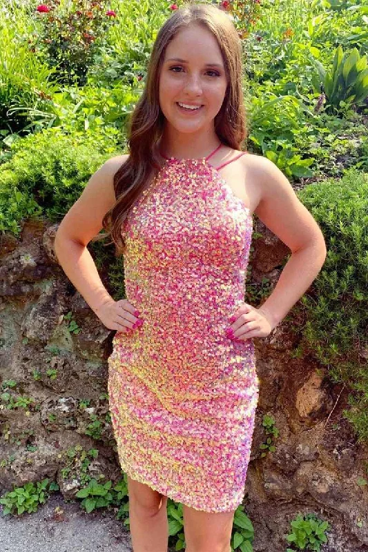 Tie Back Hot Pink Sequins Homecoming Dress Silver Glitter Sequin