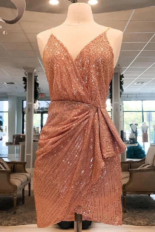 V-Neck Blush Sequined Short Homecoming Dress Floor-length Sequin Dress