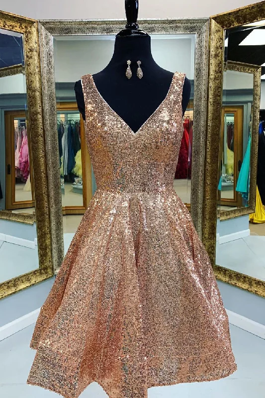 V-Neck Tiered Gold Short Sequins Homecoming Dress Black Sequin Gown